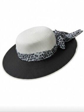 Jacobson Two-Tone Wide Brim Straw Hat with Leopard Scarf Glam Resort Vacation